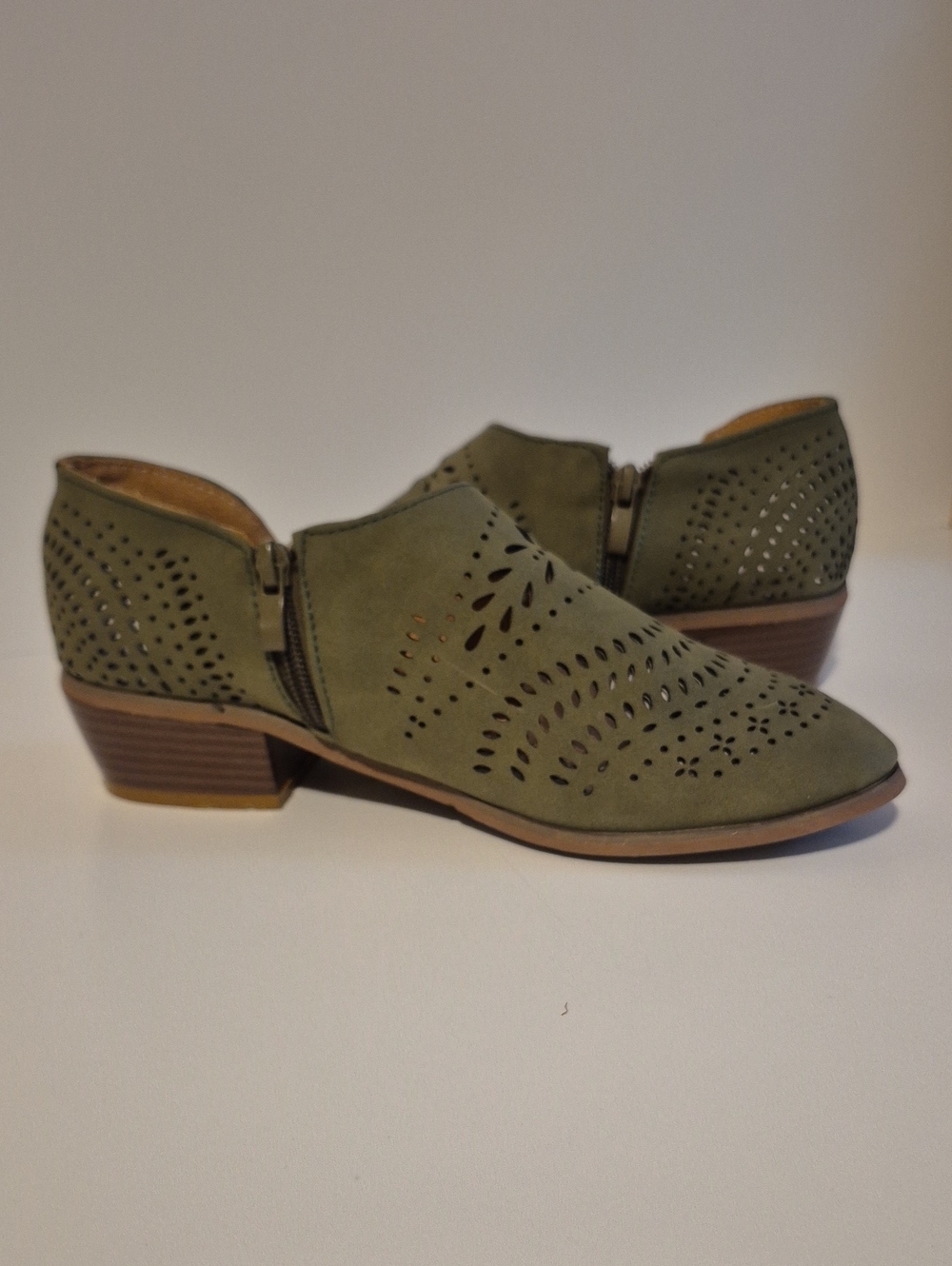 Olive Green Perforated Low Heel Ankle Shoes